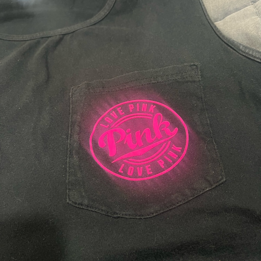 Victoria Secret PINK Logo Black Tank with Neon Pink Pocket Graphic
